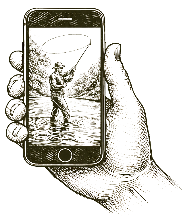 hand holding an iphone with a fly fishing man on the screen