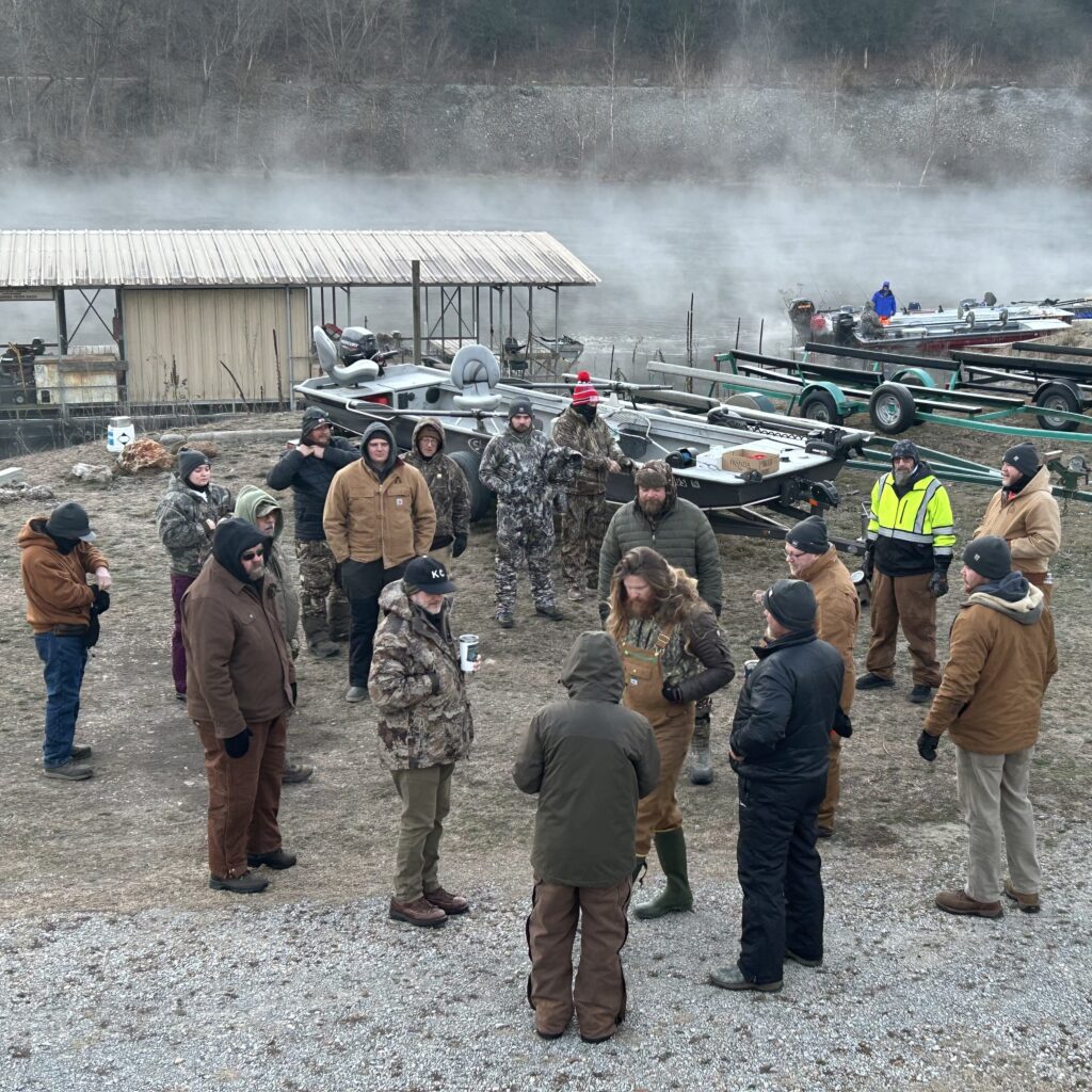 Bailey with Large Group of Fishing Guides Ready to Fish in January on the White River in Arkansas